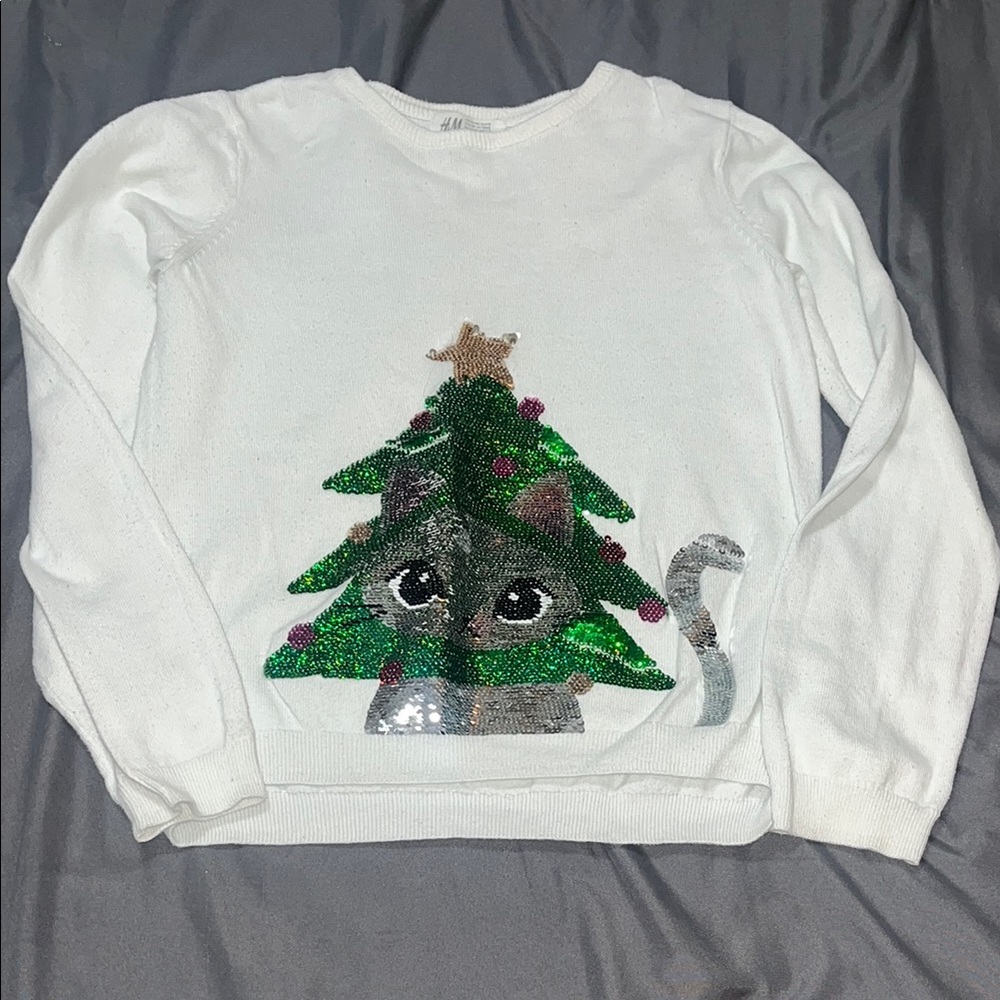 H&M Festive White Sweater with Cat and Tree Design